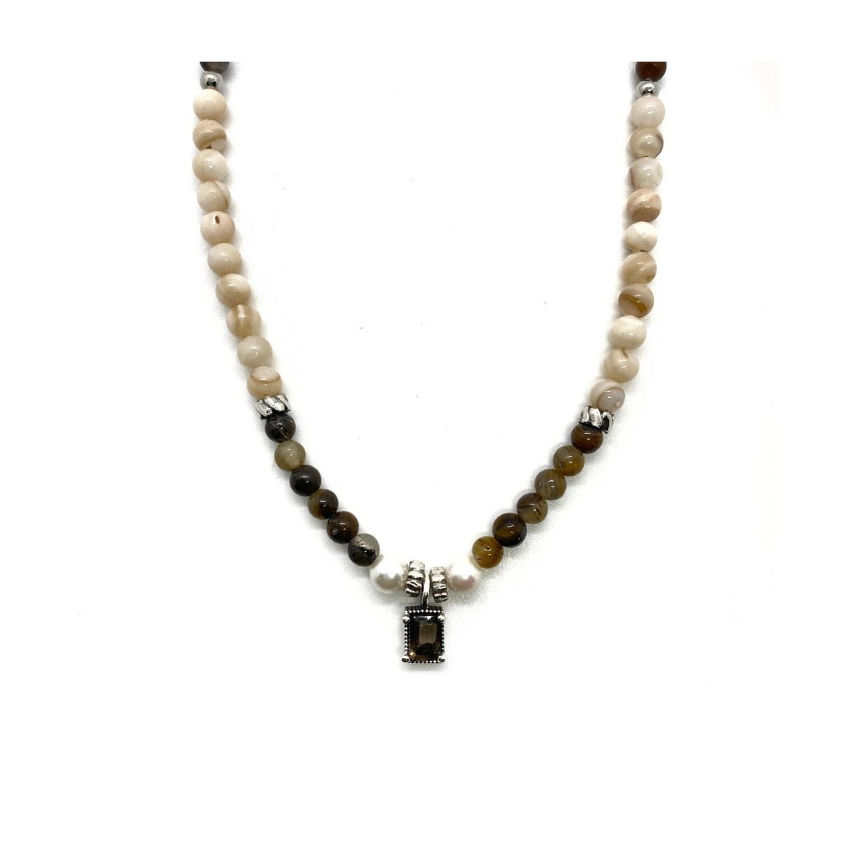 SMOKED QUARTZ TIGERS EYE TOP SILVER NECKLACE - CO6806PF